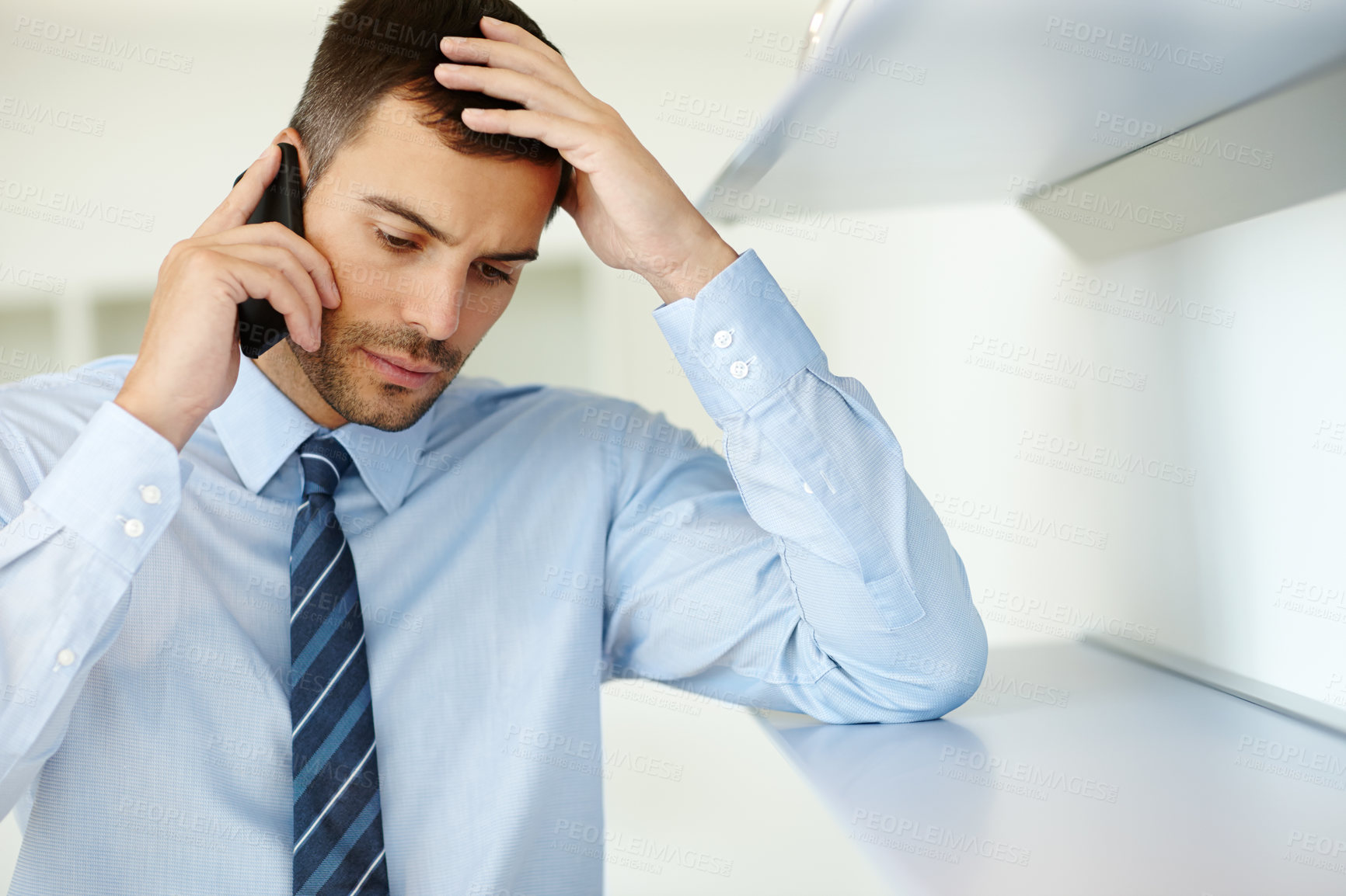 Buy stock photo Businessman, phone call or mistake in deal negotiation fail, bad review or networking risk in office. Poor connection, worry or financial advisor with stress for crisis, debt or communication problem