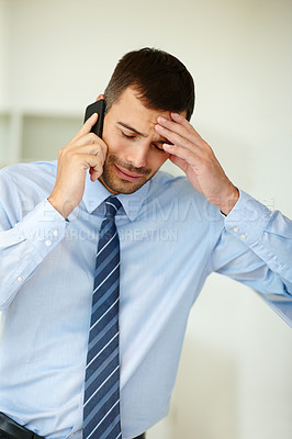 Buy stock photo Businessman, phone call or stress in deal negotiation fail, bad review or networking risk in office. Poor connection, worry or financial advisor with mistake for crisis, debt or communication problem