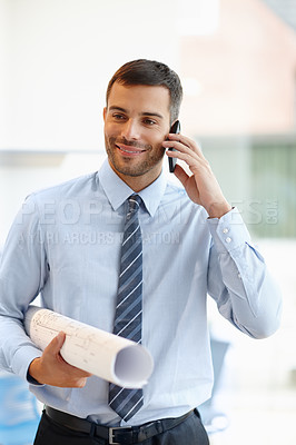 Buy stock photo Phone call, blueprint or happy man engineer talking to office project, conversation or deal communication. Architect, smile or financial advisor networking for investment, b2b negotiation or planning