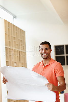 Buy stock photo Happy, architecture and man in portrait with floor plan or blueprint for office development and progress. Young person, designer or engineering worker with paper for property, planning or remodeling