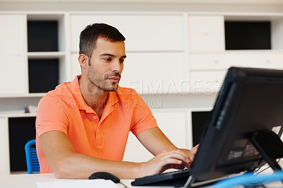 Buy stock photo Young man, computer and work from home for online planning, virtual and technical problem solving on website. Software developer, designer or freelancer on PC for upgrade, download and typing on app