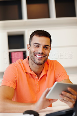 Buy stock photo Happy man, portrait or tablet in office on finance app for ecommerce, planning for company or startup business. Smile, entrepreneur or freelance trader on touchscreen, stock market and networking