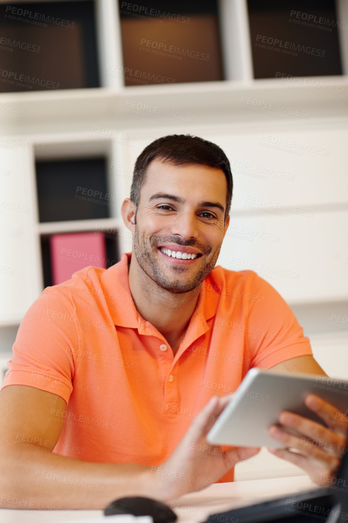 Buy stock photo Happy man, portrait or tablet in office on finance app for ecommerce, planning for company or startup business. Smile, entrepreneur or freelance trader on touchscreen, stock market and networking