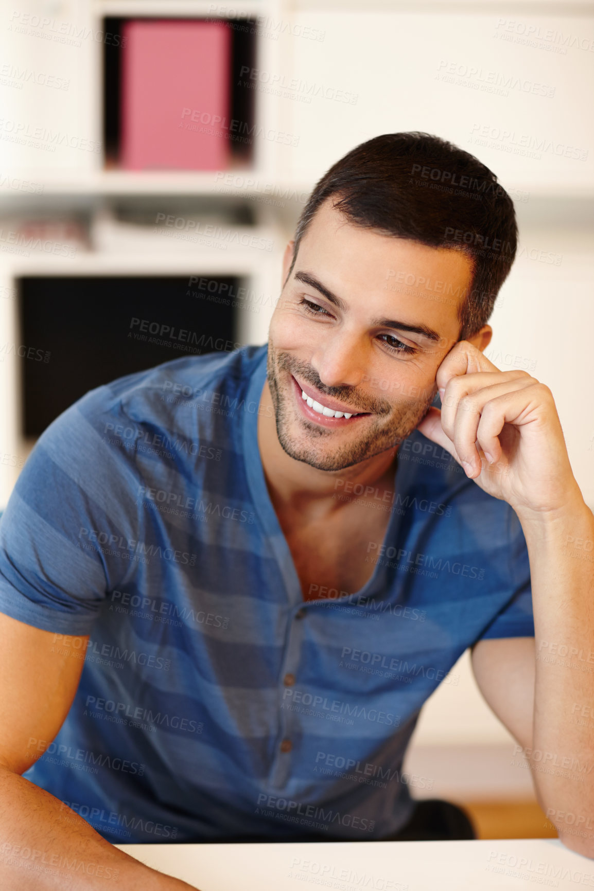 Buy stock photo Thinking, relax and man with smile in home for weekend, peace and memory or day dream. Male person, remember and happy in lounge for idea, decision and choice in apartment with pride or confidence