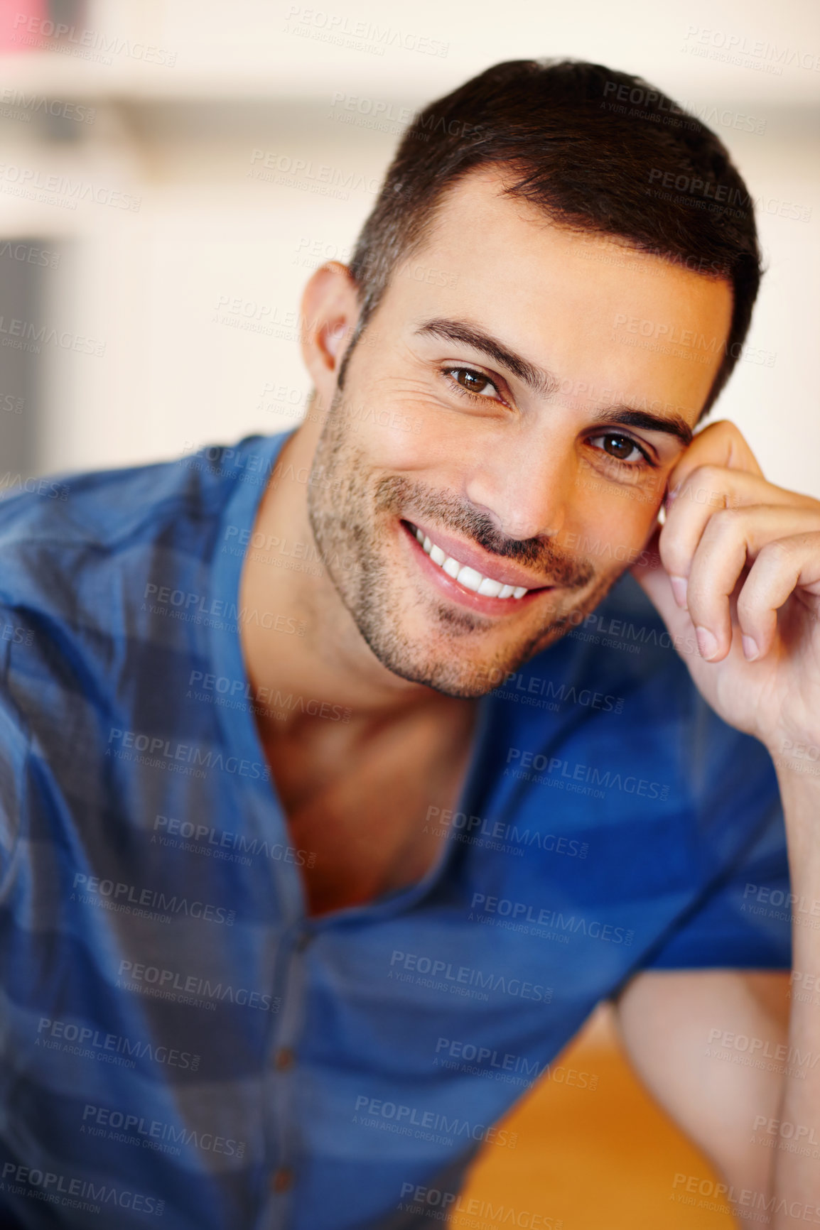 Buy stock photo Portrait, smile and man thinking with happiness in home for weekend, relax and break or peace. Male person, calm and pride in living room for morning, memory and dream or remember in lounge.