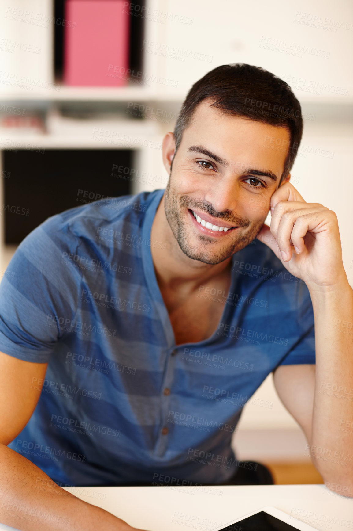 Buy stock photo Portrait, happy man and thinking with smile in home for weekend, relax and holiday or break. Male person, house and vacation in living room with peace for morning, memory and remember in lounge