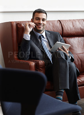 Buy stock photo Portrait, employee and tablet for man on couch, relax and smile of trader in office, online and research. Workplace, staff and person on sofa, internet and stock market of company, business and happy