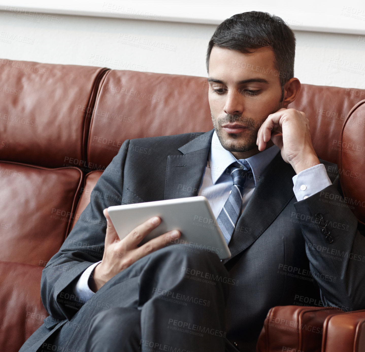 Buy stock photo Reading, tablet and businessman on couch for online, research and email in waiting room. Accountant, stock market and technology with internet for planning and proposal for meeting in global company