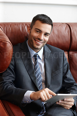 Buy stock photo Businessman, portrait and tablet in office with smile for career, work and company or corporate job. Lawyer, happy and technology in law firm for contract, clients and schedule or planning with pride