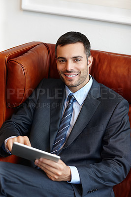 Buy stock photo Businessman, tablet and portrait in office with smile for career, work and company or corporate job. Lawyer, happy and technology in law firm for news, clients and schedule or planning with pride