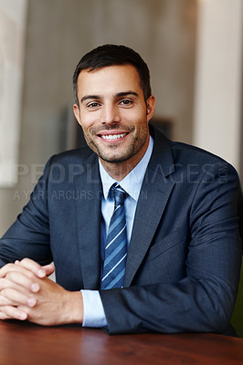 Buy stock photo Businessman, portrait and happy in office with smile for career, work and company or corporate job. Lawyer, attorney and professional in law firm for contract, clients and legal advisor with relax