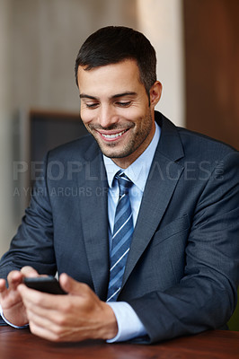 Buy stock photo Business man, mobile and reading in office for legal news, communication and client virtual advice at law firm. Corporate worker, lawyer or advisor typing on phone app for chat, contact or career FAQ