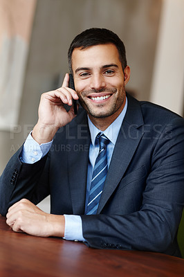 Buy stock photo Phone call, portrait or businessman with smile in office or law firm for consulting, legal advice or networking. Mobile communication, happy attorney or lawyer talking in conversation or discussion