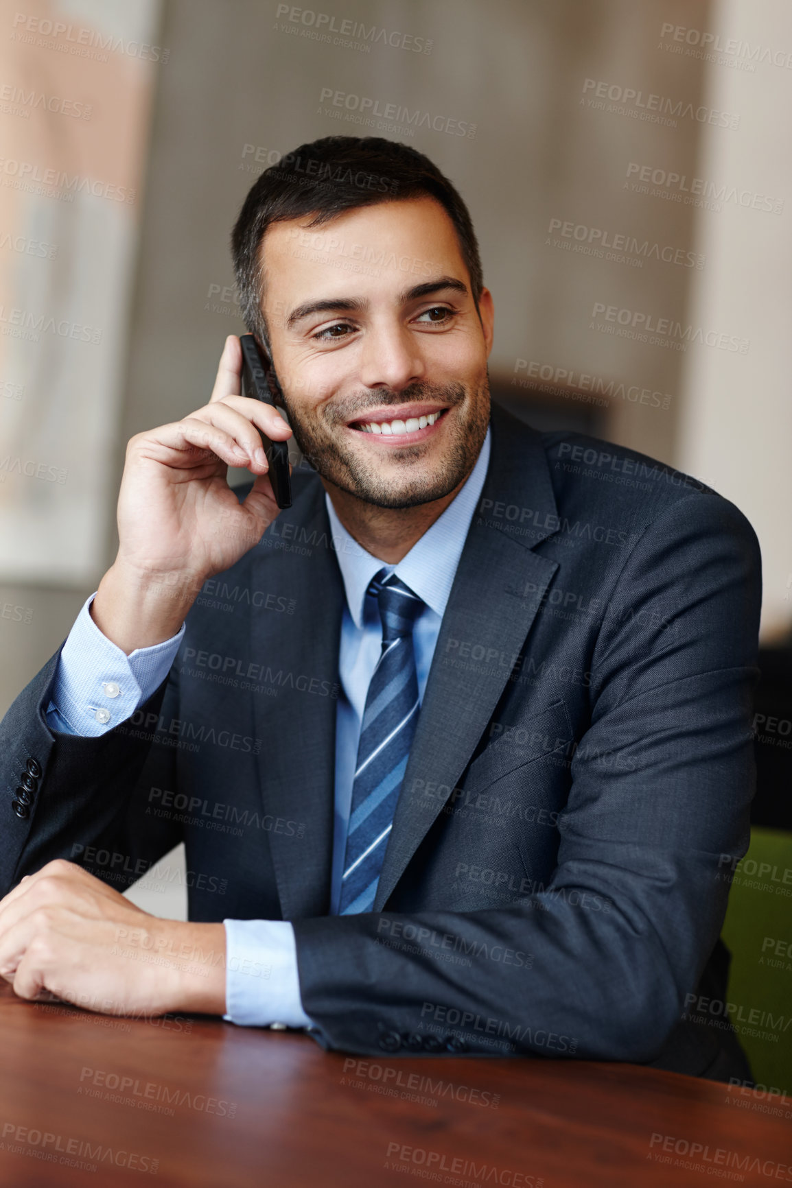 Buy stock photo Phone call, listening or businessman with smile in office or law firm for consulting, legal advice or networking. Mobile communication, happy attorney or lawyer talking in conversation or discussion