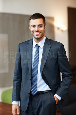 Buy stock photo Businessman, portrait and happy in office with smile for career, work and company or corporate job. Attorney, lawyer and professional in law firm for contract, clients and legal advisor with wealth