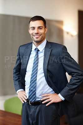 Buy stock photo Businessman, portrait and happy in office with confidence for career, work and company or corporate job. Lawyer, smile and professional in law firm for contract, clients and legal advisor with pride