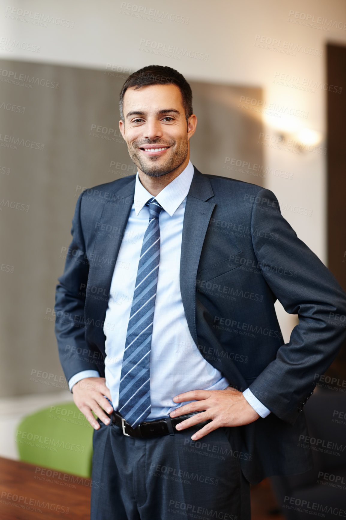 Buy stock photo Businessman, portrait and happy in office with confidence for career, work and company or corporate job. Lawyer, smile and professional in law firm for contract, clients and legal advisor with pride