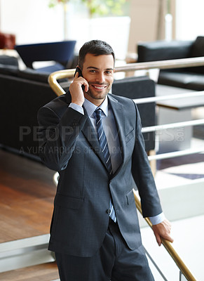 Buy stock photo phone call, man or lawyer talking in portrait, stairs or law firm for consulting, legal advice or networking. Mobile communication, happy attorney or advisor speaking in conversation and discussion