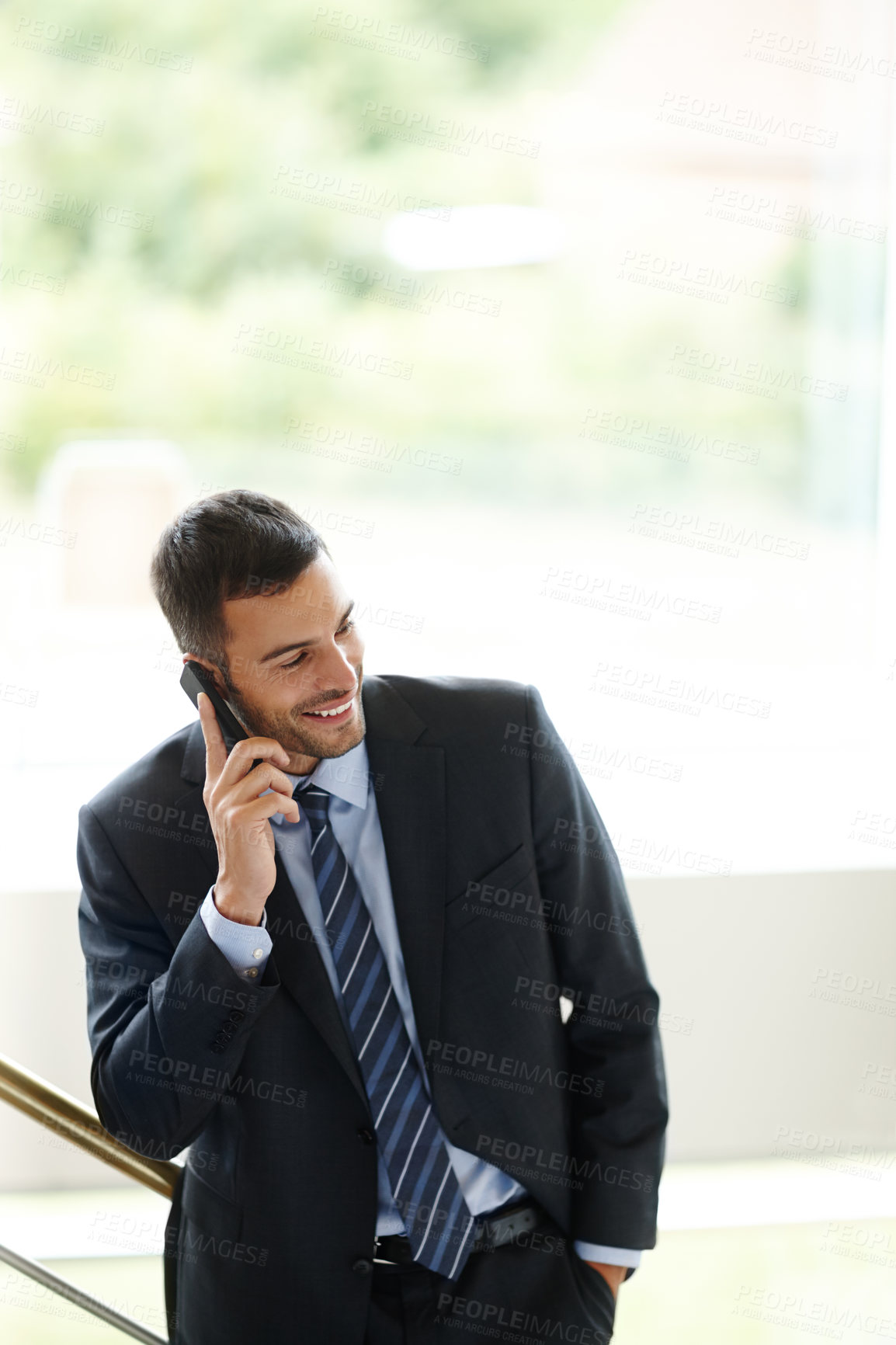 Buy stock photo Business man, thinking and phone call in office for communication, news and information at law firm. Corporate lawyer, attorney or broker talking on mobile and walking on stairs for legal advice