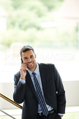 Buy stock photo Business man, portrait and phone call in communication, news or information at law firm office. Corporate lawyer, attorney or broker smile and talking on mobile and stairs for legal advice or contact