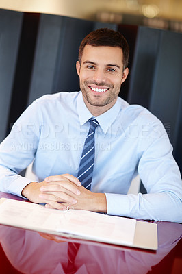 Buy stock photo Lawyer, man and smile on portrait in office for career or job growth and opportunity with startup business. Male employee, happy and confident with folder at law firm as attorney or legal advisor