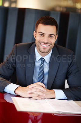 Buy stock photo Portrait, businessman and desk with document for contract, smile and meeting for deal in office. Paperwork, lawyer and advisor for corporate person, consult and sign for agreement in workplace