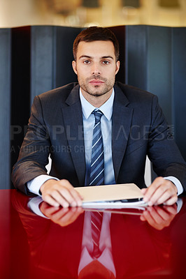 Buy stock photo Businessman, portrait and notes on desk in office or conference room for meeting with serious lawyer. Executive, worker and consultant at tablet with paperwork, research and entrepreneur in Germany.