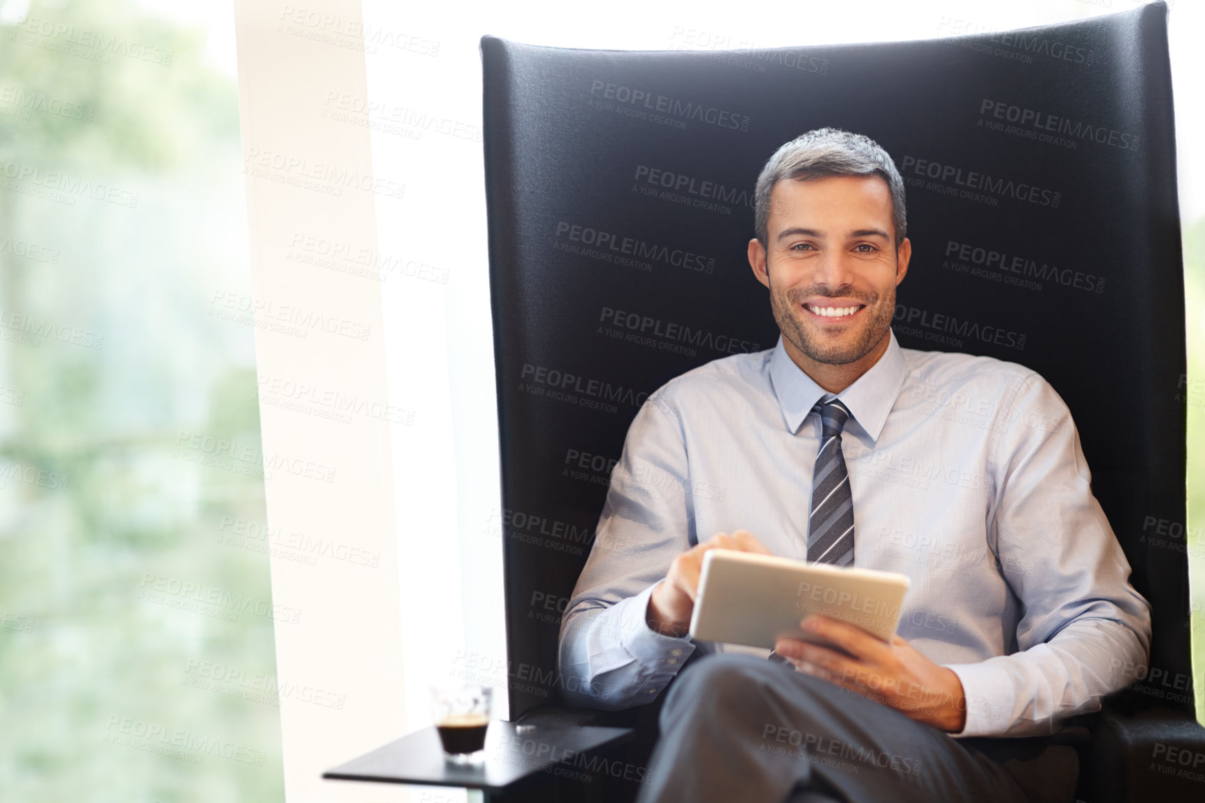 Buy stock photo Businessman, smile and sitting in office with tablet for crypto, easy investment with digital. Male trader, happiness and portrait for deal with blockchain tech, beat inflation and future in finance