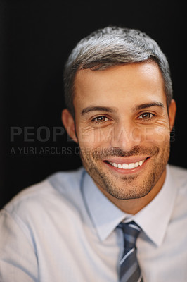 Buy stock photo Face, man and smile in portrait on black background as lawyer for career or job growth and opportunity with startup. Male employee, happy and satisfied with law firm as attorney or legal advisor