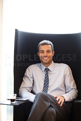 Buy stock photo Businessman, smile and armchair in office for portrait, investment and proud in company. Male investor, happy and confident in corporate workplace for integrity, career and management in Italy