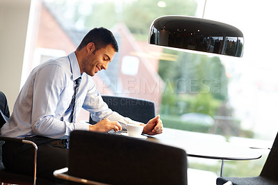 Buy stock photo Businessman, tablet and happy for connection, communication and digital networking in office. Male person, technology and smile in corporate as project manager in company or workplace as professional