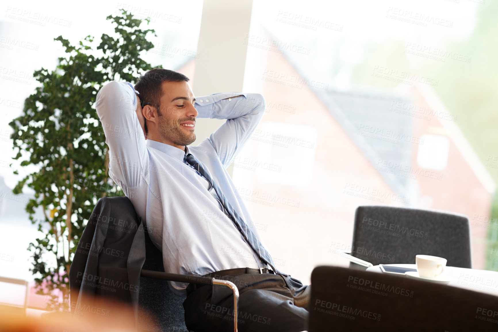 Buy stock photo Office, businessman and relax for break with stretching, productivity and done with project deadline. Corporate, rest and lawyer guy with satisfied for complete report and happy for goal achievement
