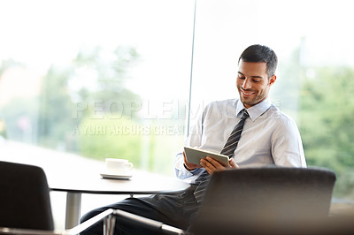 Buy stock photo Businessman, smile and sitting in office with tablet for crypto, easy investment with digital. Male trader, happiness or search for deal with blockchain technology, beat inflation with financial goal