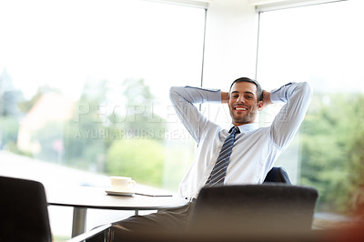 Buy stock photo Career man, success and finished in portrait on break in workplace, company or digital agency as professional. Male person, employee and relax at desk in corporate, job or business as project manager