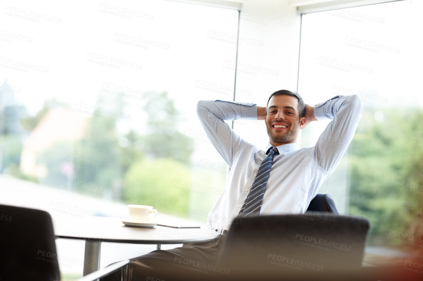 Buy stock photo Career man, success and finished in portrait on break in workplace, company or digital agency as professional. Male person, employee and relax at desk in corporate, job or business as project manager