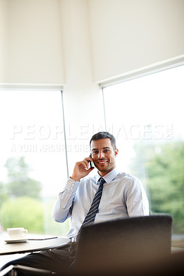 Buy stock photo Phone call, portrait or happy businessman in office talking for project, conversation or deal communication. Discussion, smile or financial advisor networking for investment, negotiation or good news