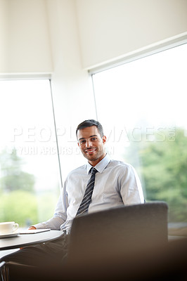 Buy stock photo Portrait, smile and business man in coffee shop for career, job or drink latte at restaurant table. Happy professional, entrepreneur and salesman in cafe, employee or confident expert worker in Spain