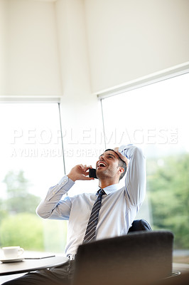 Buy stock photo Phone call, relief or happy businessman in office talking project, conversation or deal communication. Success, winner or excited financial advisor networking for investment, negotiation or good news