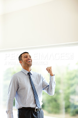 Buy stock photo Excited businessman cheering with joy with his fists at work alone. Joyful male businessperson celebrating success and victory in an office. Business professional expressing passion and positivity