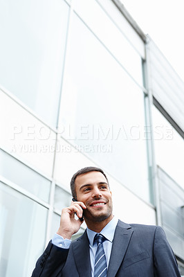 Buy stock photo Phone call, smile or confident businessman by building talking for conversation or deal communication. Proud, banker or happy financial advisor networking for investment, negotiation or good news