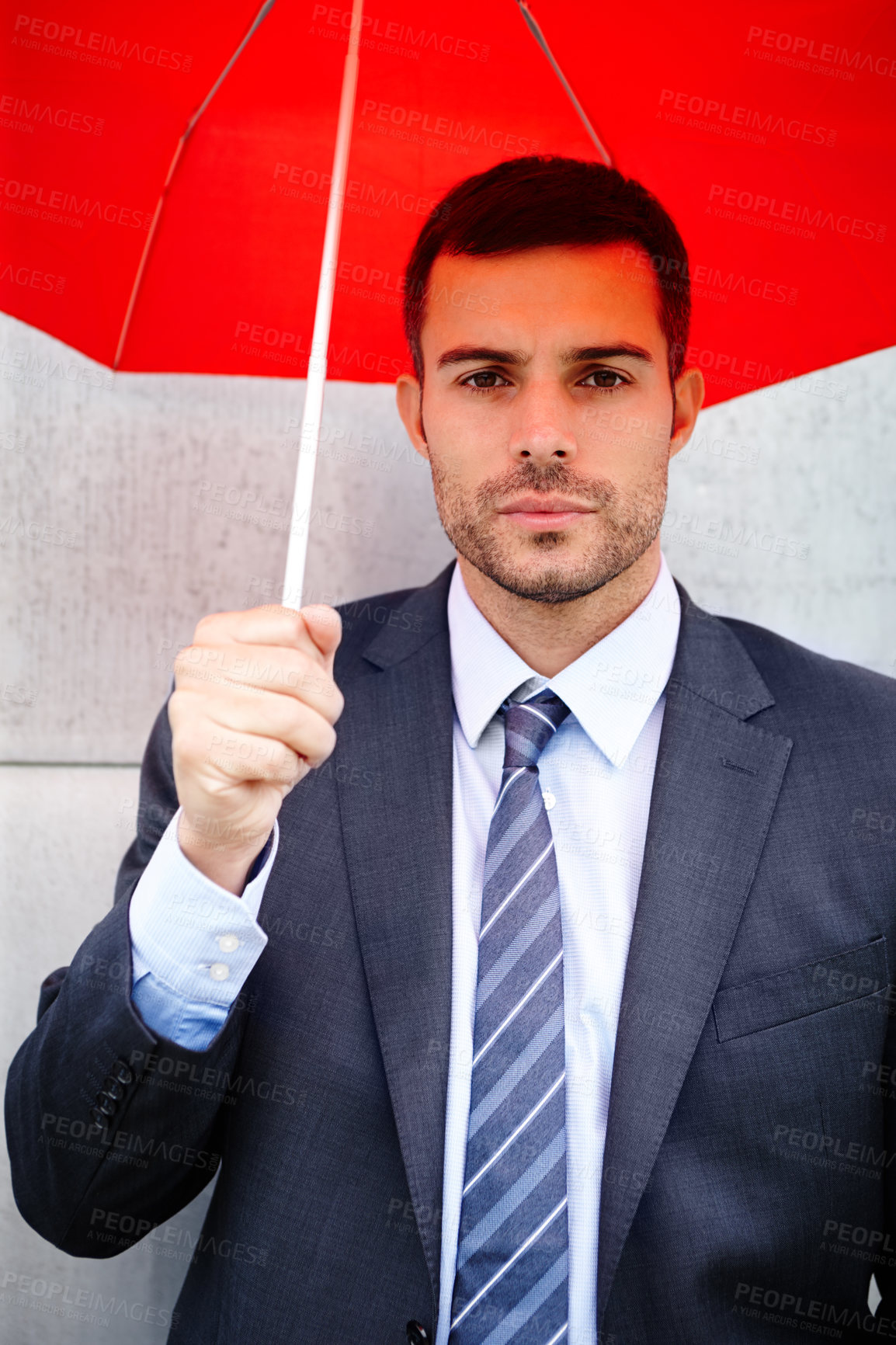 Buy stock photo Businessman, umbrella and suit in portrait with executive or professional for life insurance policies. Cover, outside and consultant for claims, policy and serious asset advisor or broker in New York