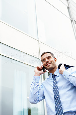 Buy stock photo Phone call, walking or happy businessman by outdoor building talking for conversation or deal communication. News, proud banker and financial advisor networking for investment, negotiation or chat