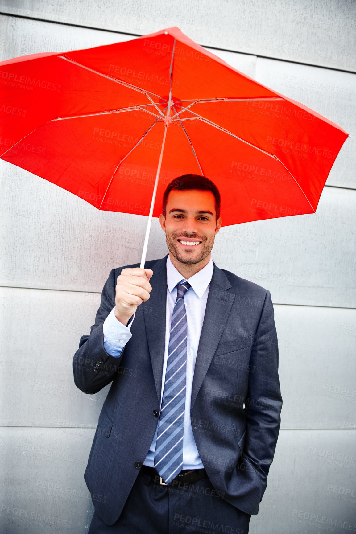 Buy stock photo Businessman, portrait and smile with umbrella outdoor as life insurance broker or rainy day coverage, corporate or commute. Male person, face and office travel or finance trust, protection or future