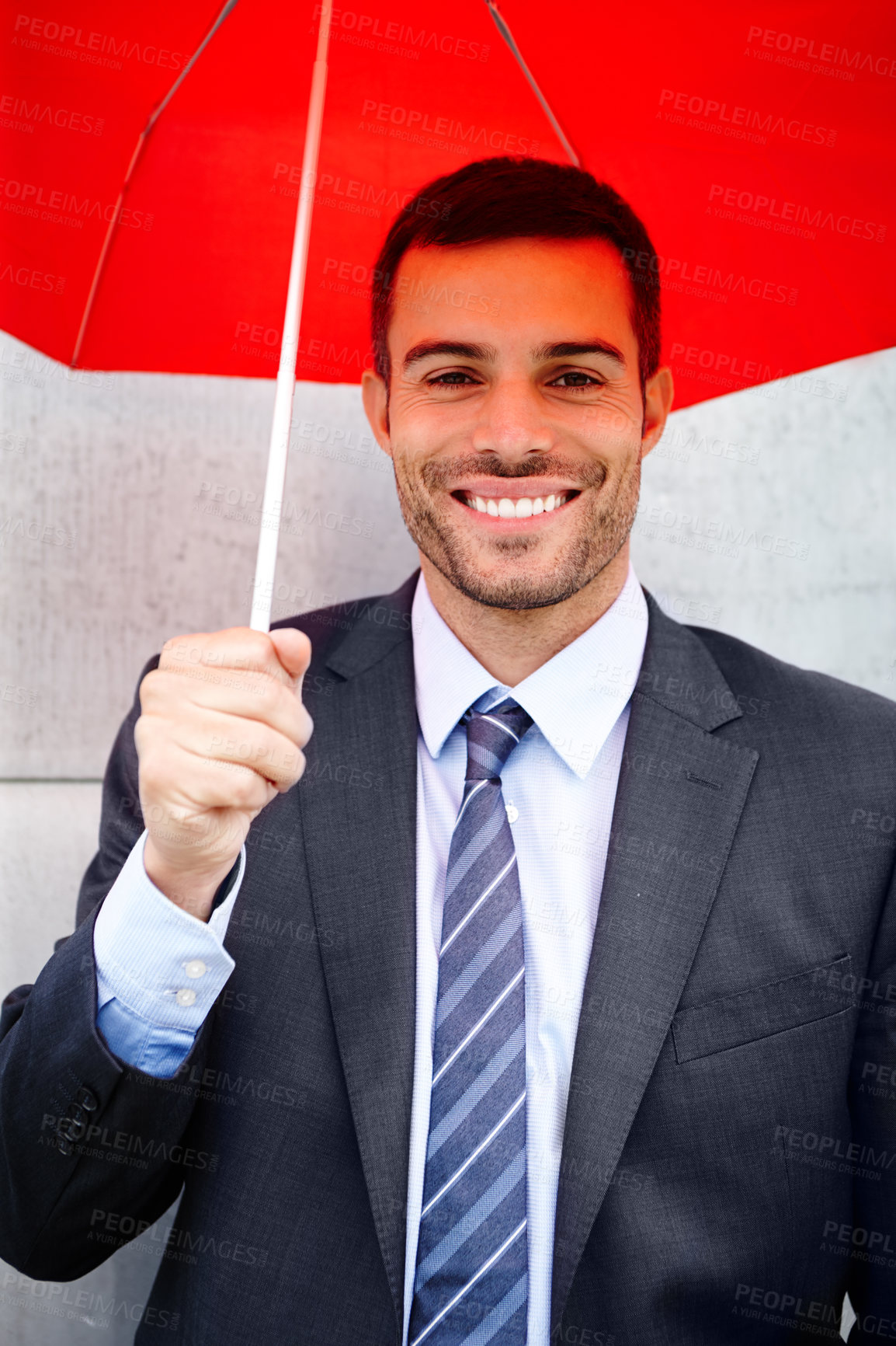 Buy stock photo Businessman, portrait and smile with umbrella in city as life insurance broker or rainy day coverage, corporate or commute. Male person, face and office travel or finance trust, protection or safety