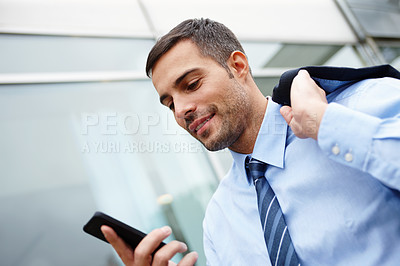 Buy stock photo Happy, business man and smartphone for morning commute to work in city with contact and communication. Smile, corporate male person and mobile for text, chat or instant message for travel to office