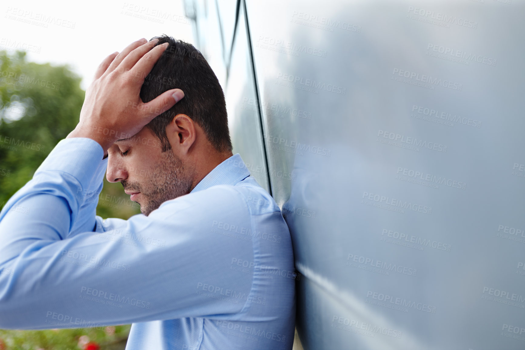 Buy stock photo Stress, depressed and business man fired from job for mistake, financial crisis or startup failure. Unemployed, economy and male person with eyes closed for frustrated, anxiety or bankrupt in outdoor