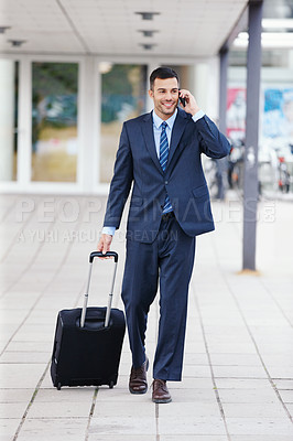 Buy stock photo Phone call, walking or businessman with luggage in conversation, chat or deal communication. Outdoor travel, talking and happy financial advisor networking for investment, negotiation or sales news