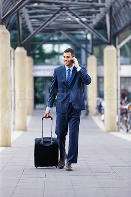 Buy stock photo Phone call, walking or businessman with luggage in communication, chat or deal conversation. Outdoor travel, talking and happy financial advisor networking for investment, negotiation or sales news