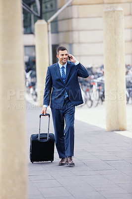 Buy stock photo Phone call, travel or businessman with luggage in communication, outdoor chat or deal conversation. Walking, talking and happy financial advisor networking for investment, negotiation or sales news