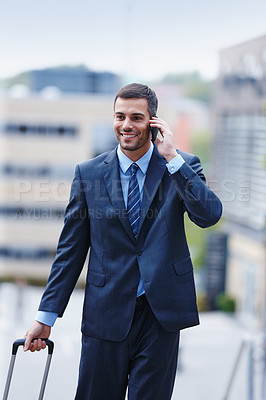 Buy stock photo Phone call, outdoor travel or businessman with luggage in communication, chat or deal conversation. Walking, smile and happy financial advisor networking for investment, negotiation or sales news